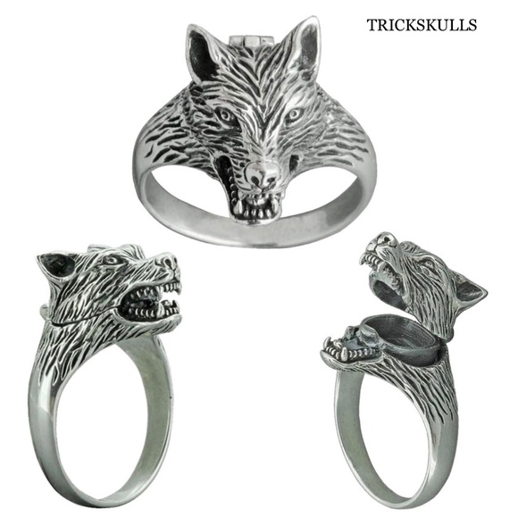 New Retro Wolf Head Poison Pill Secret Compartment Locket Ring 8 9 10 11 12 13 - Picture 1 of 9